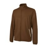 Men’s brown full-zip badminton jacket with a stand-up collar.