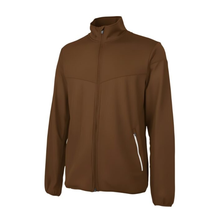 Men’s brown full-zip badminton jacket with a stand-up collar.