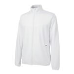 White full-zip badminton jacket with a stand-up collar and panel stitching. Men's white badminton jacket with full-length zipper