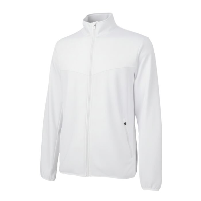 White full-zip badminton jacket with a stand-up collar and panel stitching. Men's white badminton jacket with full-length zipper