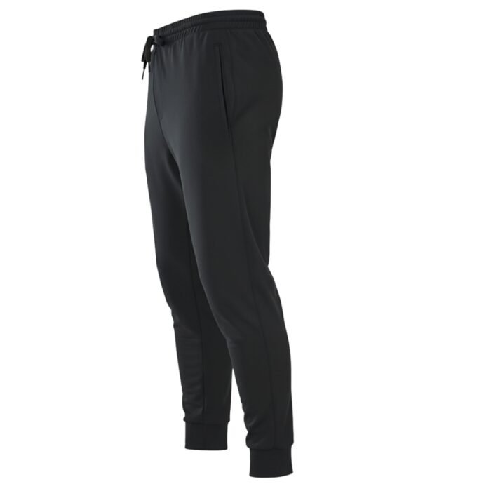Black men’s rugby training joggers with an elastic waistband and tapered legs.