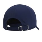 Back view of a navy blue baseball cap with a curved brim and six-panel construction; adjustable fabric strap with metal buckle; ventilation holes on the side