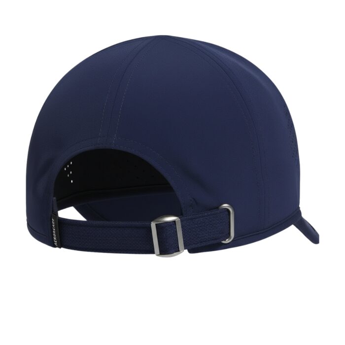 Back view of a navy blue baseball cap with a curved brim and six-panel construction; adjustable fabric strap with metal buckle; ventilation holes on the side