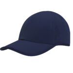 Navy blue Adidas baseball cap with curved brim, small side ventilation holes, and AEROREADY text on the brim