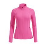 Hot pink women’s badminton jacket with a high collar and full-zip front.