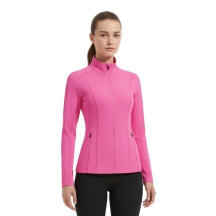 Woman wearing a bright pink badminton jacket with a full-length zipper and stand collar.