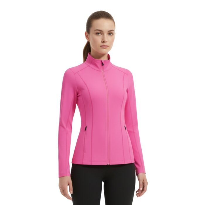 Woman wearing a bright pink badminton jacket with a full-length zipper and stand collar.