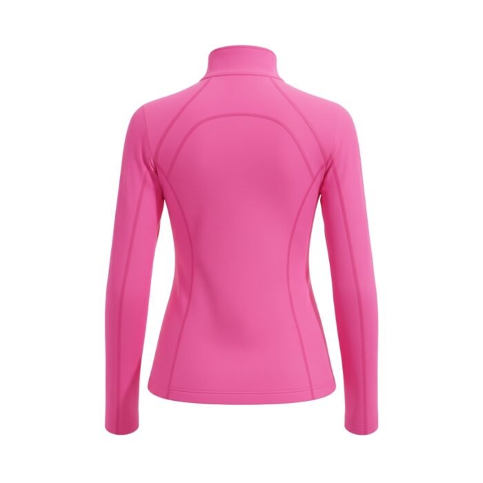 Woman wearing a bright pink badminton jacket with a high stand collar and long sleeves.