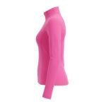 Woman wearing a bright pink badminton jacket with a high stand collar and long sleeves.