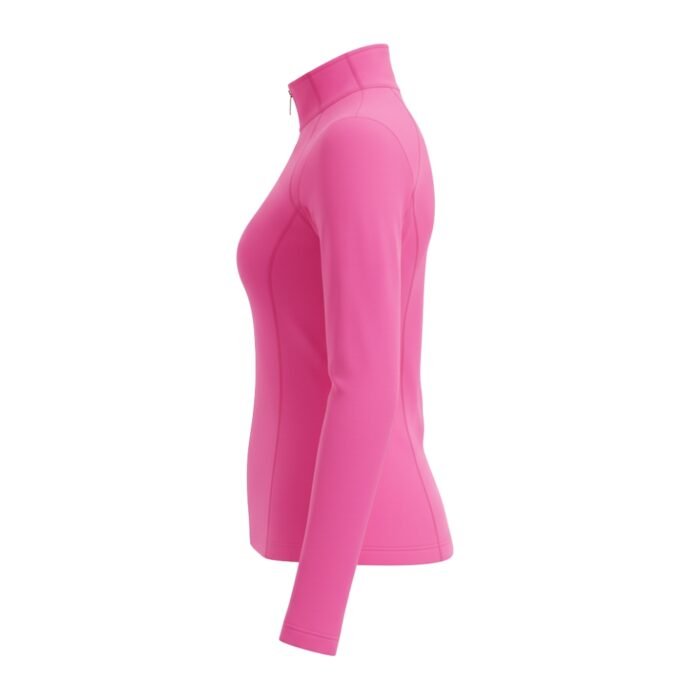 Woman wearing a bright pink badminton jacket with a high stand collar and long sleeves.