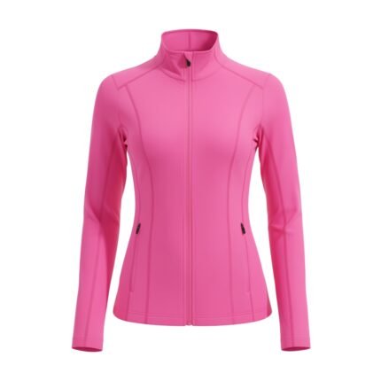 Hot pink women’s badminton jacket with a high collar and full-zip front.