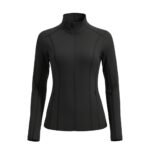 Black women’s badminton jacket with a zip-up front and high collar, long sleeves, and a sleek athletic fit.