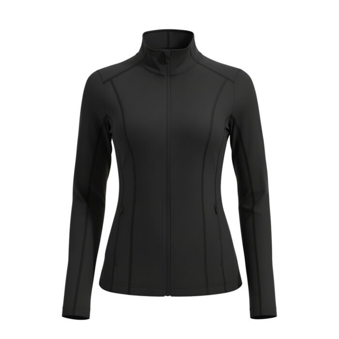 Black women’s badminton jacket with a zip-up front and high collar, long sleeves, and a sleek athletic fit.