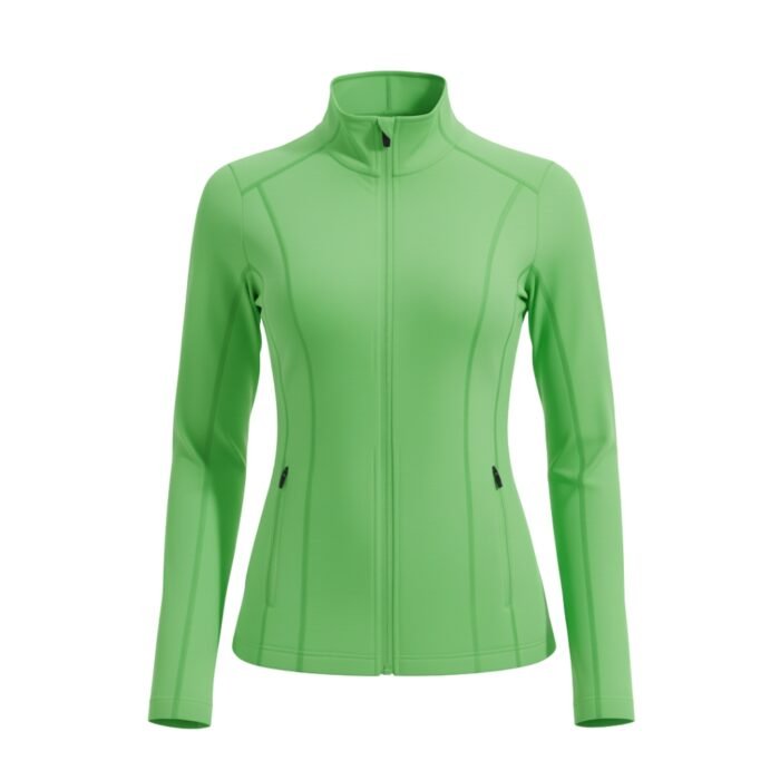 Green women’s badminton jacket with a full zip front and high collar, long sleeves, and a fitted athletic silhouette.