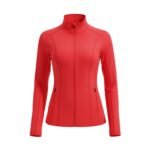 Red women’s badminton jacket with a full zip front and high collar, long sleeves, and an athletic fitted silhouette.
