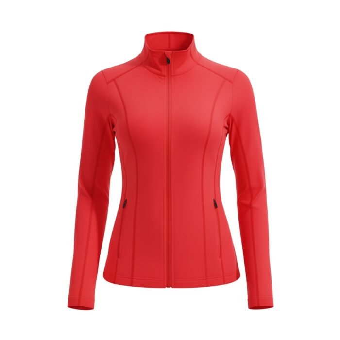 Red women’s badminton jacket with a full zip front and high collar, long sleeves, and an athletic fitted silhouette.