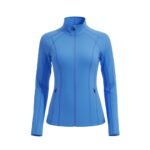 Blue women’s badminton jacket with a full zip front and high collar, long sleeves, and an athletic fitted silhouette.