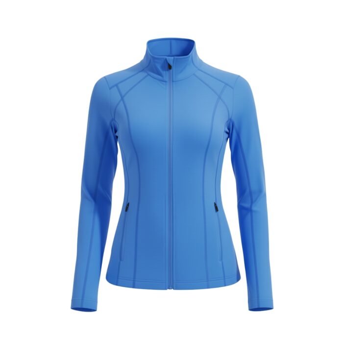 Blue women’s badminton jacket with a full zip front and high collar, long sleeves, and an athletic fitted silhouette.