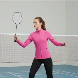 Woman playing badminton indoors, holding a racket in one hand while wearing a bright pink zip-up jacket and black leggings.