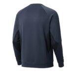 Back view of a dark blue tennis sweatshirt with long sleeves, mesh under the arms, crew neck, and a subtle textured pattern