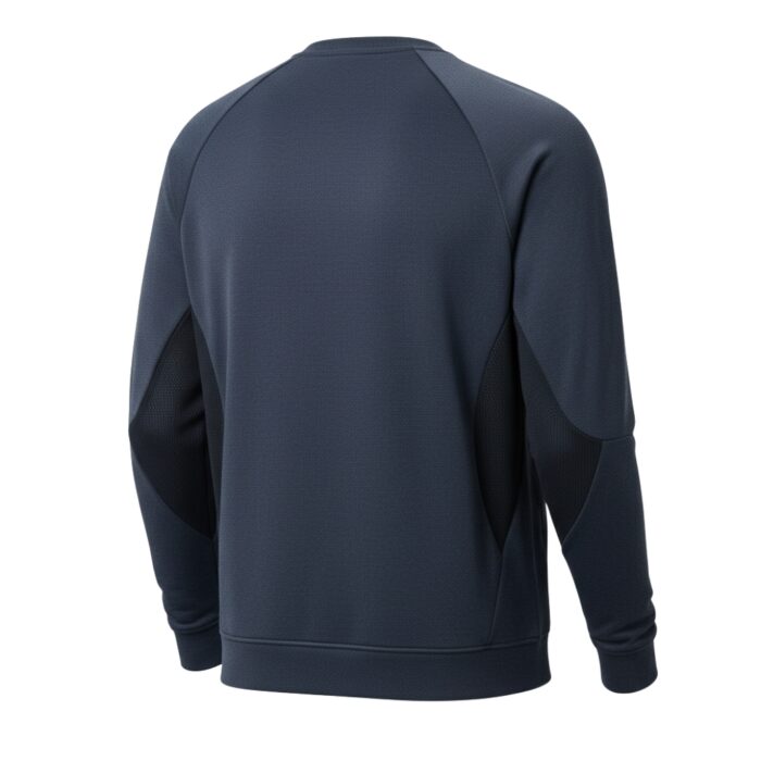 Back view of a dark blue tennis sweatshirt with long sleeves, mesh under the arms, crew neck, and a subtle textured pattern