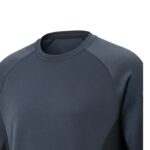 Close-up of a navy blue crew-neck long-sleeved athletic shirt with a white embroidered logo of two crossed tennis rackets; textured fabric and black mesh side panels