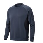 Navy blue long-sleeved tennis sweatshirt with crew neck and raglan sleeves; small white logo of crossed tennis rackets on the chest; vertical zip pocket on the right sleeve and mesh side panels