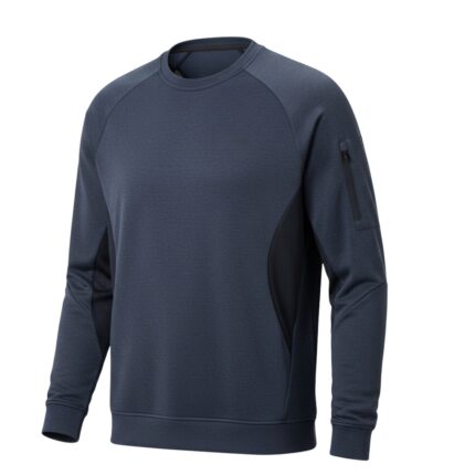 Navy blue long-sleeved tennis sweatshirt with crew neck and raglan sleeves; small white logo of crossed tennis rackets on the chest; vertical zip pocket on the right sleeve and mesh side panels