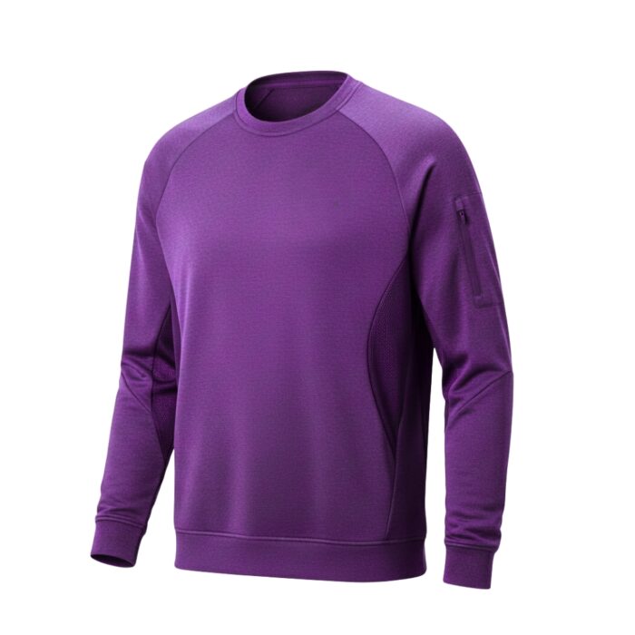 Purple long-sleeved tennis sweatshirt with crew neck and raglan sleeves; small white logo of crossed tennis rackets on the chest; vertical zip pocket on the right sleeve and mesh side panels