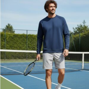 Male model on a blue and green tennis court, wearing a navy blue long-sleeve sweatshirt with a small tennis racket logo, light gray shorts, white socks, and white sneakers; net and hedge in background