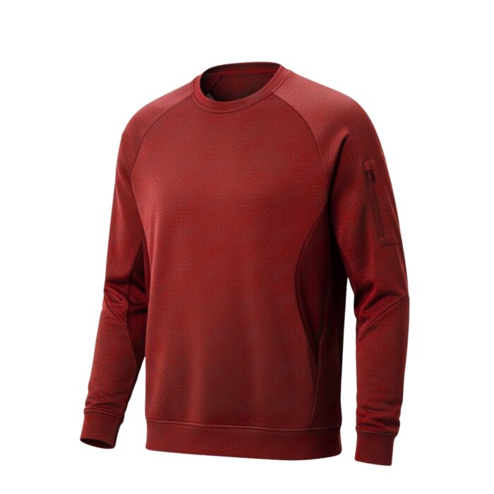Red long-sleeved tennis sweatshirt with crew neck and raglan sleeves; small white logo of crossed tennis rackets on the chest; vertical zip pocket on the right sleeve and mesh side panels