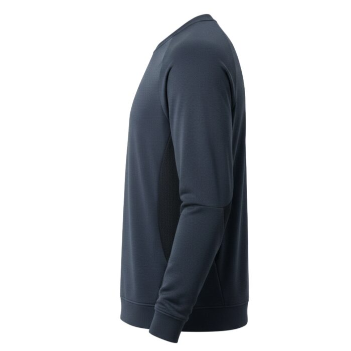 Side view of a dark blue long-sleeved tennis shirt on a white background; textured fabric and slim fit