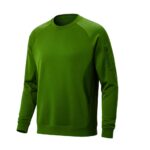 Green long-sleeved tennis sweatshirt with crew neck and raglan sleeves; small white logo of crossed tennis rackets on the chest; vertical zip pocket on the right sleeve and mesh side panels