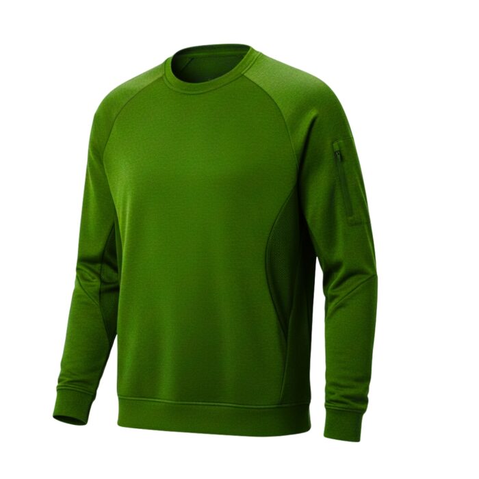 Green long-sleeved tennis sweatshirt with crew neck and raglan sleeves; small white logo of crossed tennis rackets on the chest; vertical zip pocket on the right sleeve and mesh side panels
