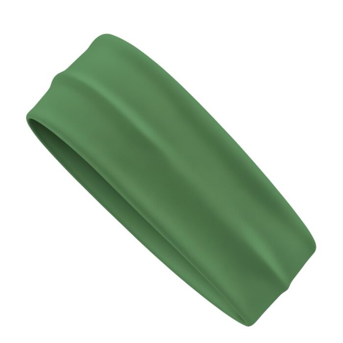 A green elastic headband with a smooth texture lying flat against a white background.