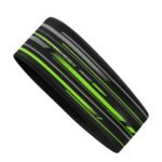 A black headband with bold green and gray diagonal line patterns.