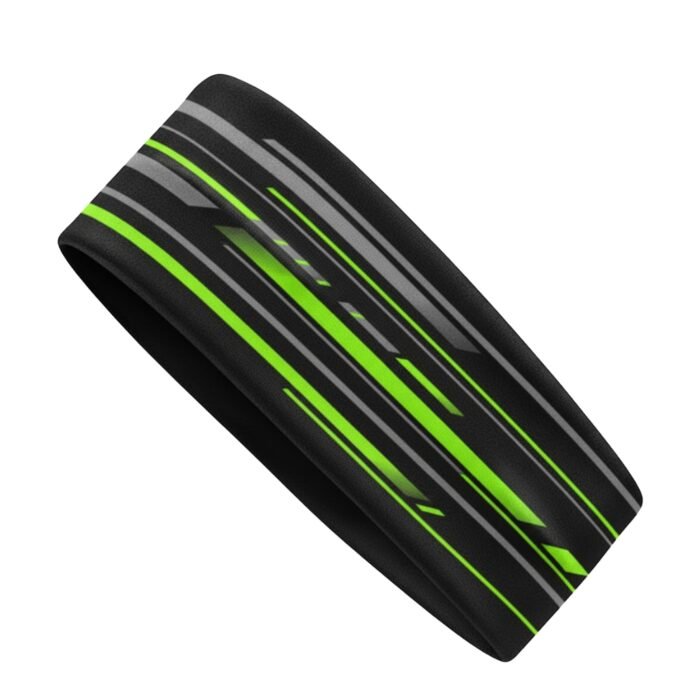 A black headband with bold green and gray diagonal line patterns.