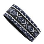 A patterned headband with navy blue and white geometric designs on a black background.
