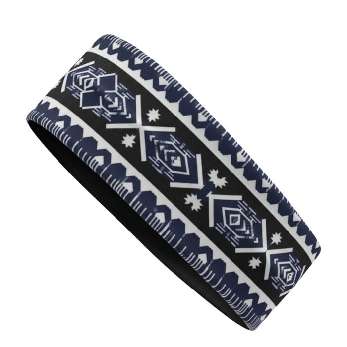 A patterned headband with navy blue and white geometric designs on a black background.