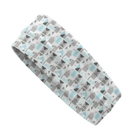 A headband with a geometric pattern in shades of gray, white, and light blue.