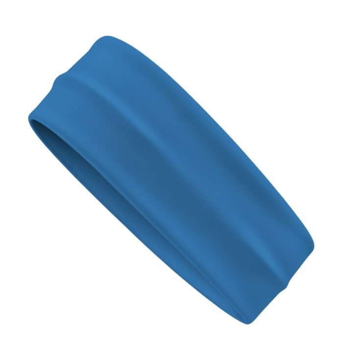 A blue elastic headband with a smooth texture lying flat against a white background.