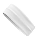 A white elastic headband with a smooth texture lying flat against a white background.