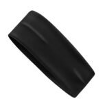 A black elastic headband with a smooth texture lying flat against a white background.