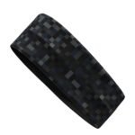 A black elastic headband with a pixelated dark gray and navy-blue pattern lying flat against a white background.