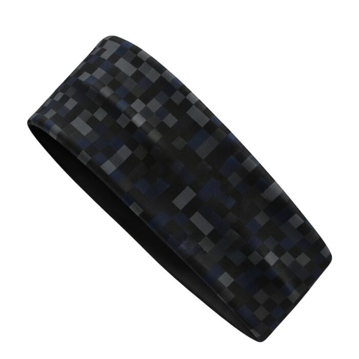 A black elastic headband with a pixelated dark gray and navy-blue pattern lying flat against a white background.