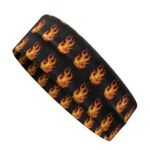 A black elastic headband with a vibrant flame pattern featuring yellow and orange flames repeating across the surface.