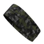 A stretchy elastic headband with a green, black, and gray camouflage pattern lying flat against a white background.