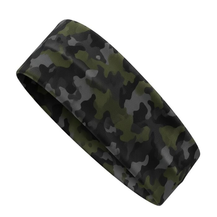 A stretchy elastic headband with a green, black, and gray camouflage pattern lying flat against a white background.