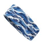 A blue headband with a white ocean wave pattern inspired by traditional Japanese art.