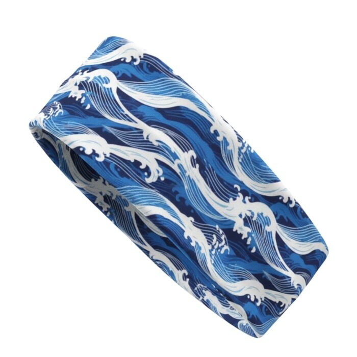 A blue headband with a white ocean wave pattern inspired by traditional Japanese art.